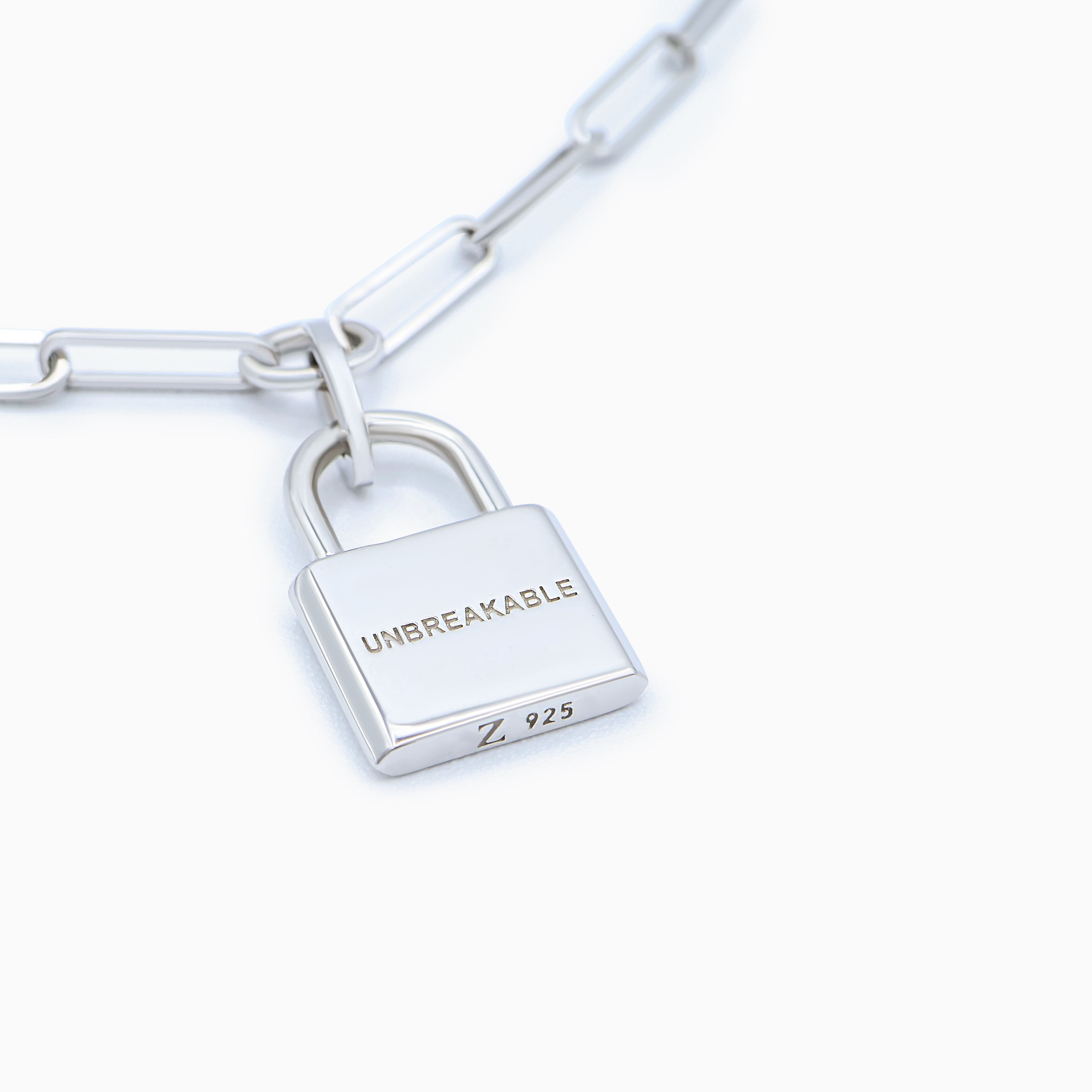 Sterling Silver (With Rhodium Protection)-UNBREAKABLE Chain Link Necklace With Padlock