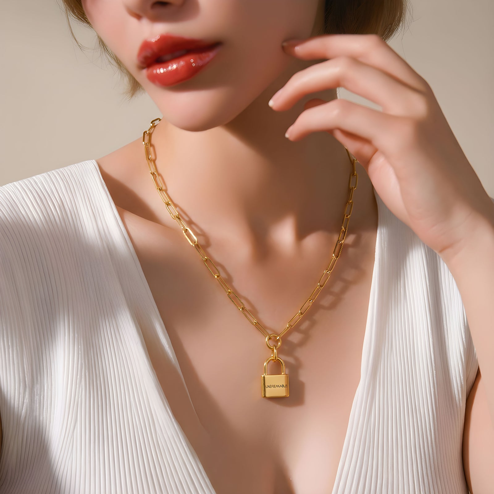 18k Gold Vermeil-UNBREAKABLE Chain Link Necklace With Padlock