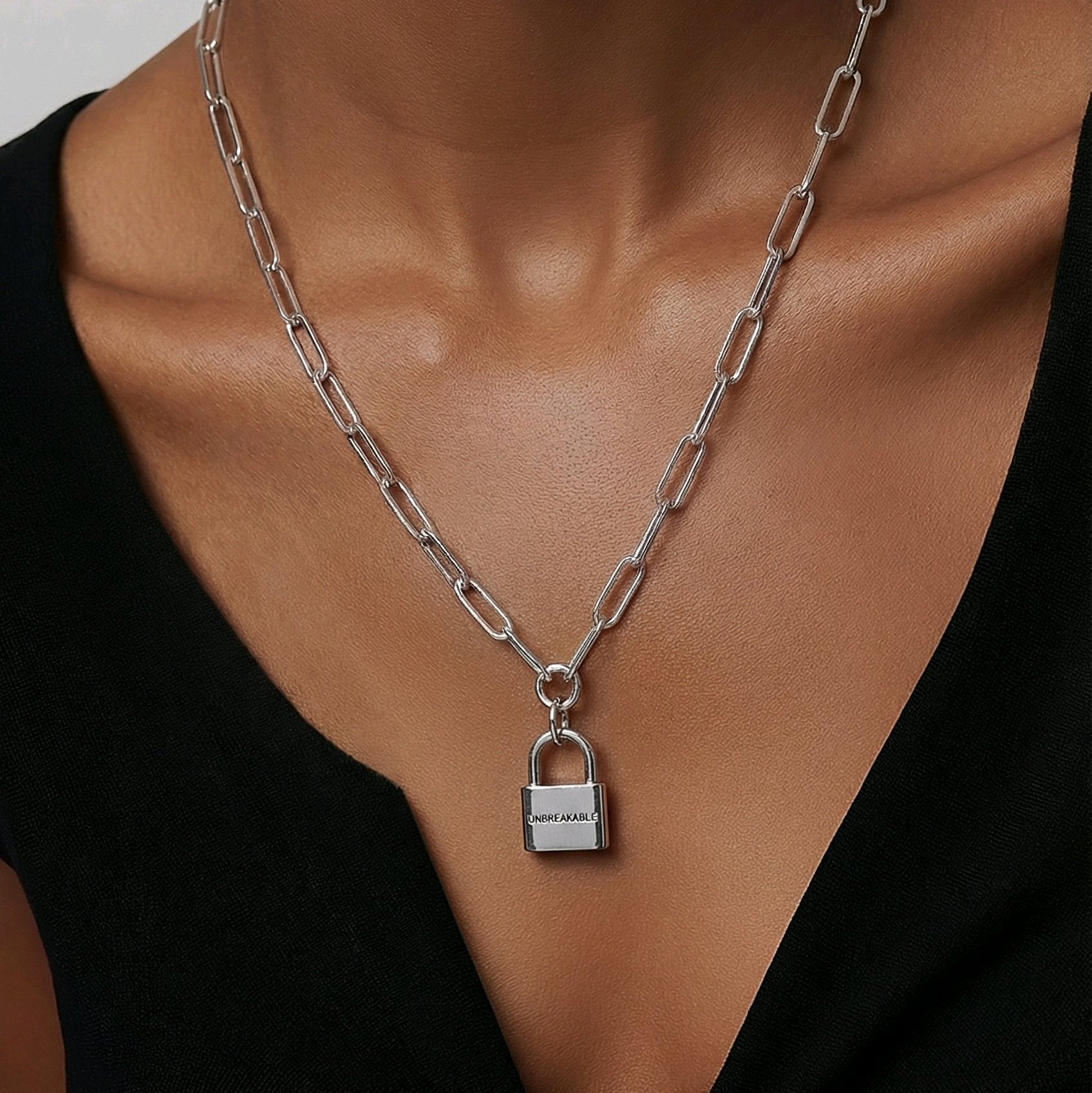 Sterling Silver (With Rhodium Protection)-UNBREAKABLE Chain Link Necklace With Padlock
