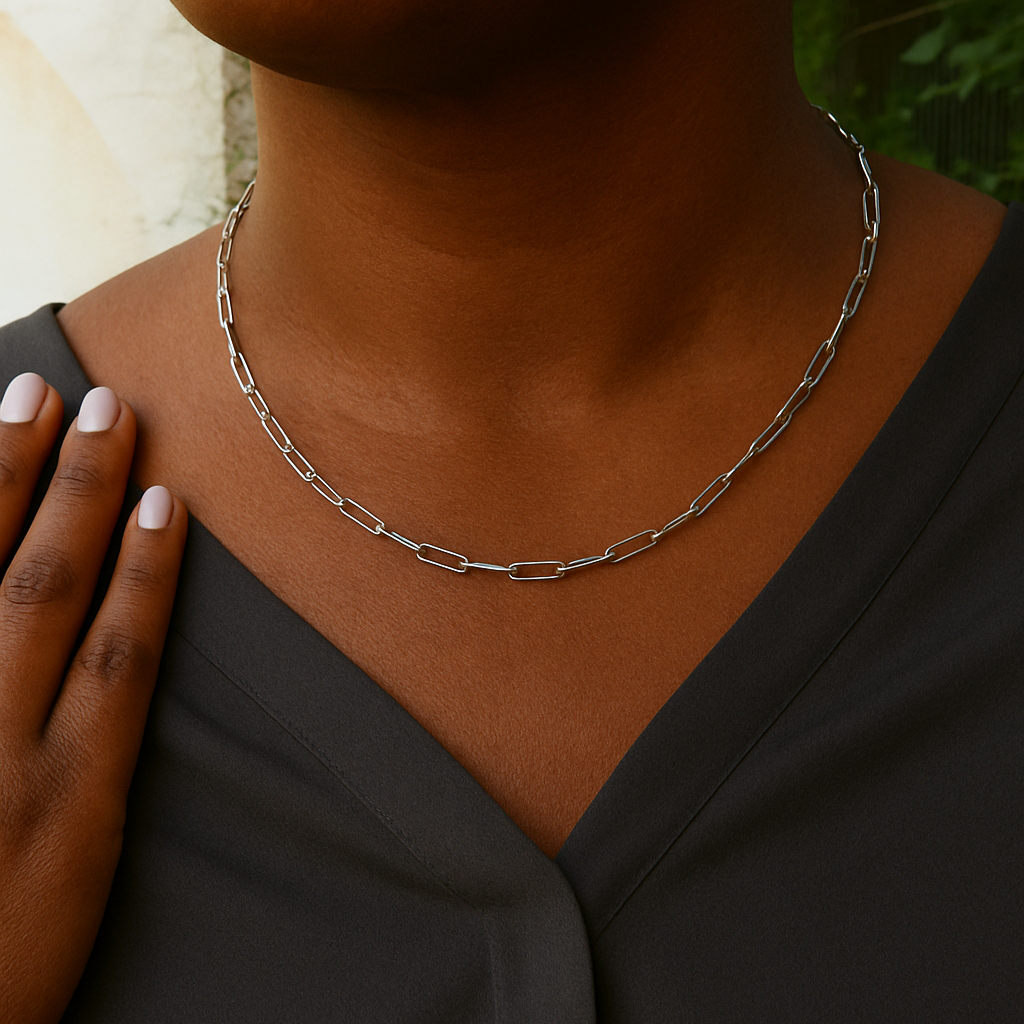 Person wearing a silver chain link necklace with a neutral background