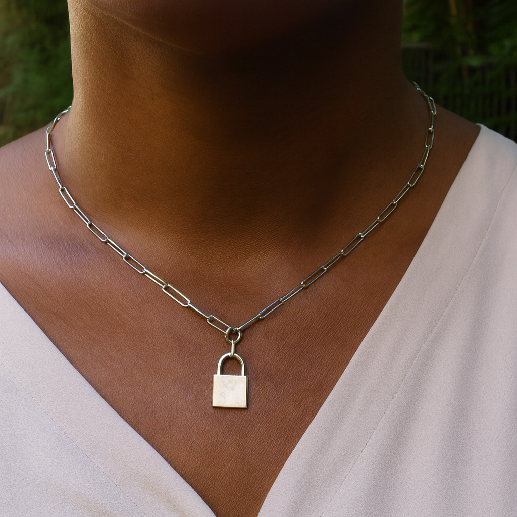 Sterling Silver (With Rhodium Protection)-UNBREAKABLE Chain Link Necklace With Padlock