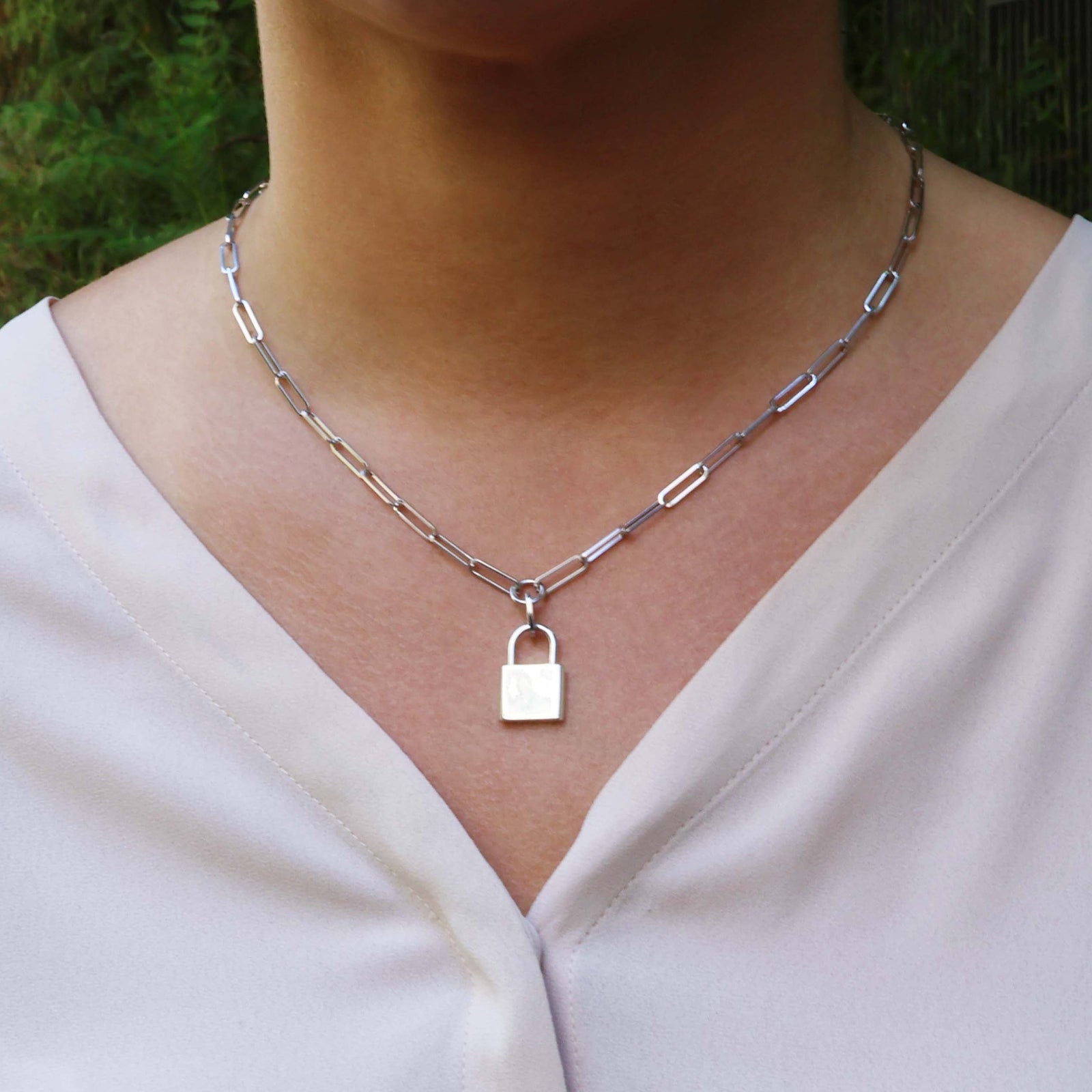 Sterling Silver (With Rhodium Protection)-UNBREAKABLE Chain Link Necklace With Padlock