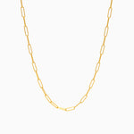 Gold chain link necklace on a white background