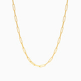 Gold chain link necklace on a white background