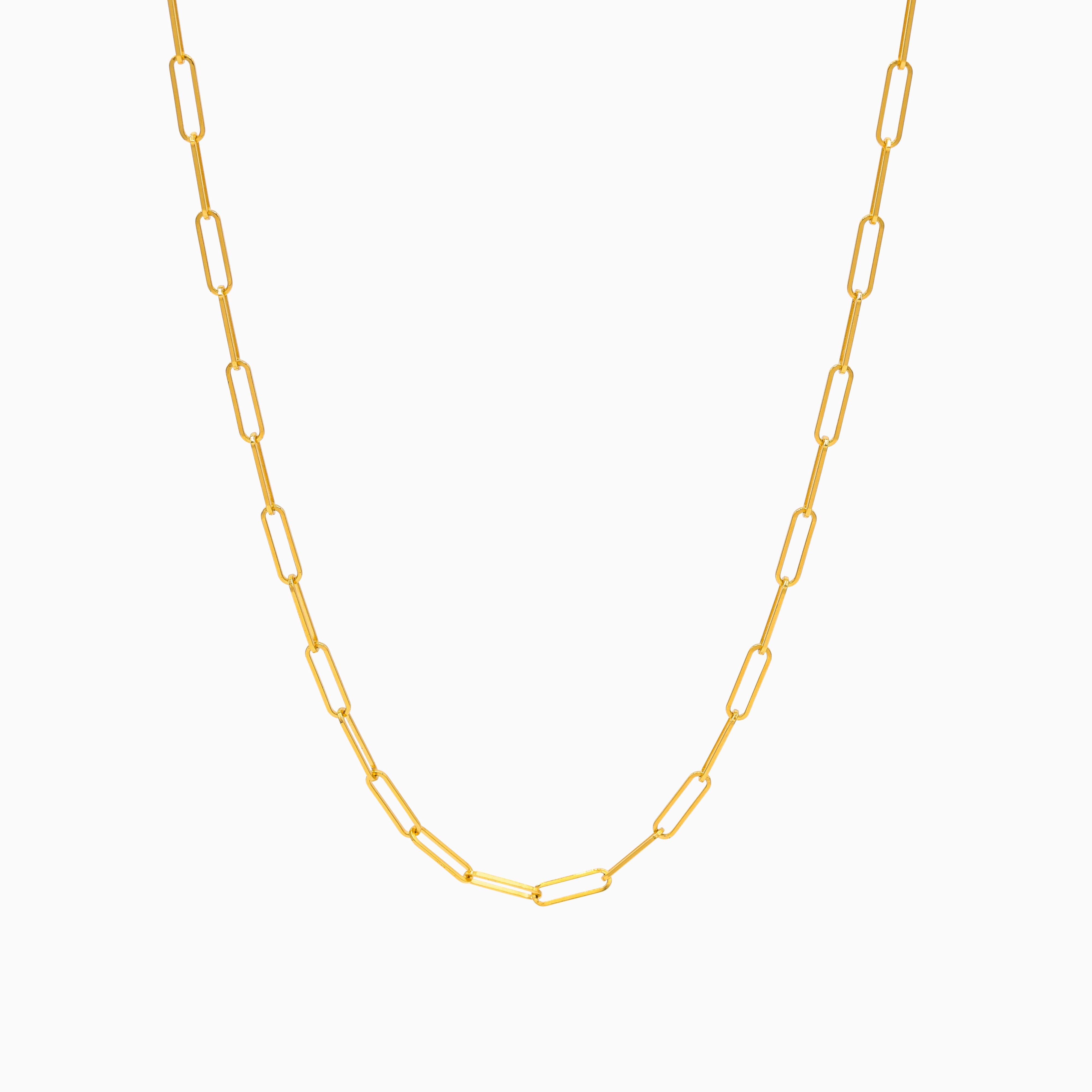 Gold chain link necklace on a white background