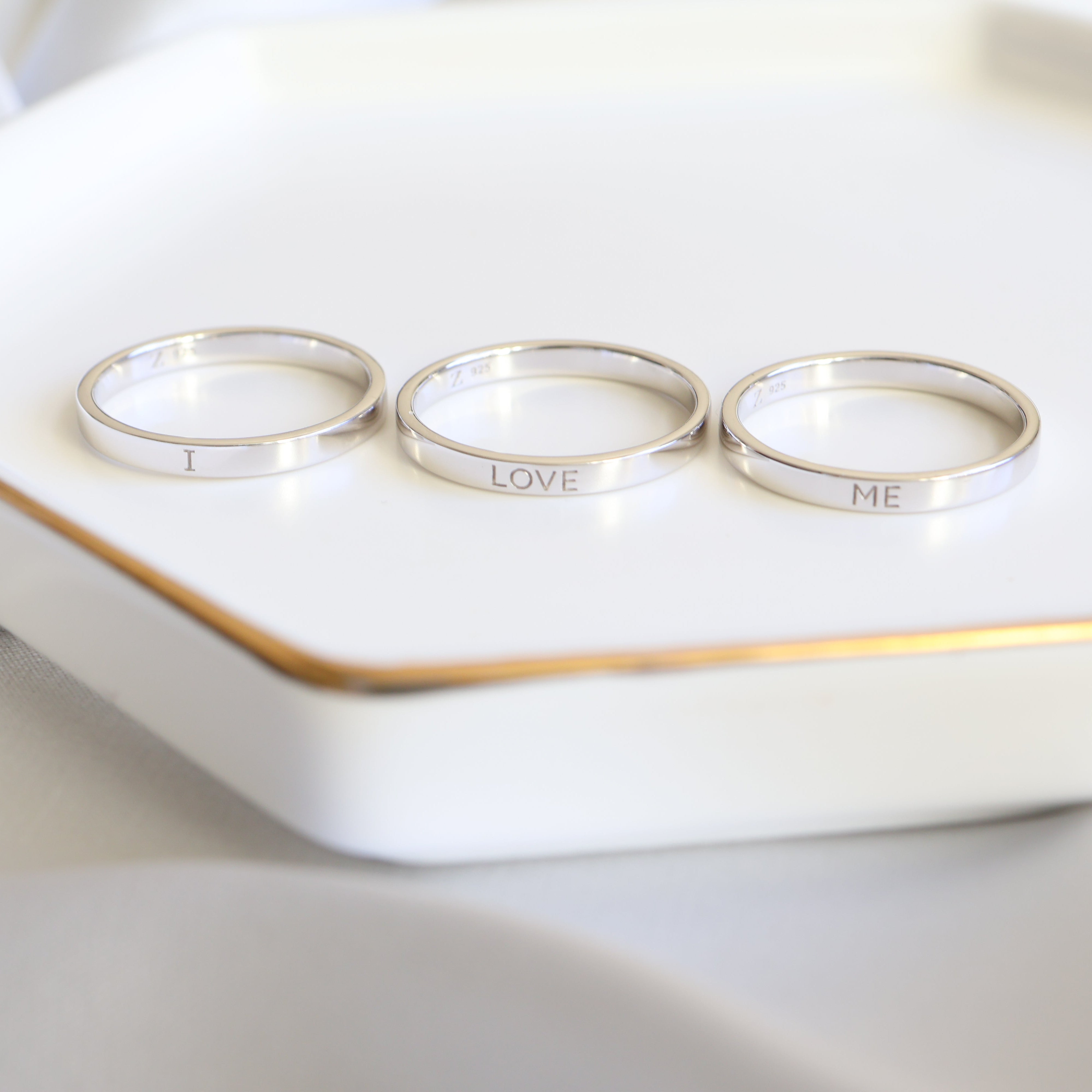 Sterling Silver (With Rhodium Protection)-I LOVE ME - 3 Ring Set