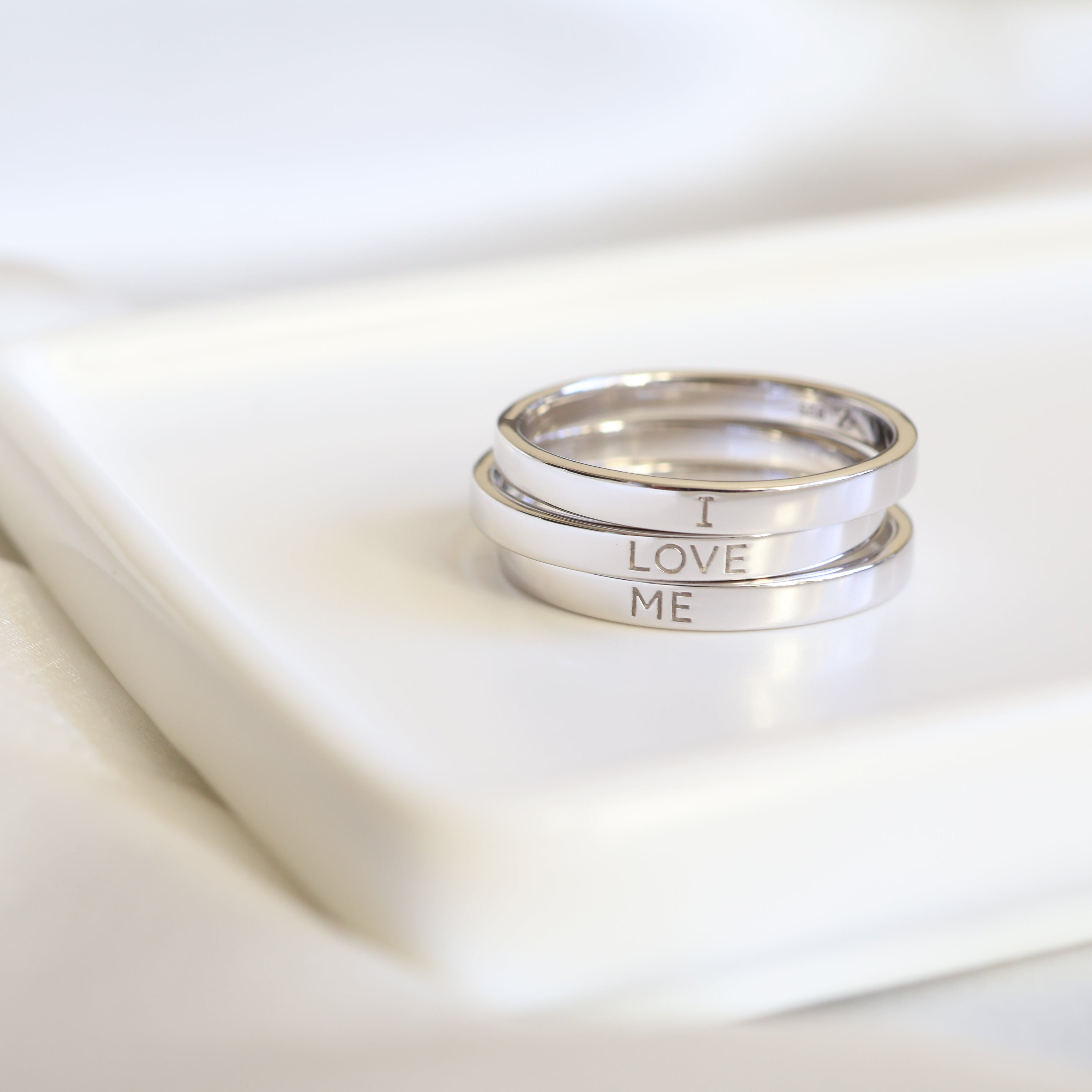 Sterling Silver (With Rhodium Protection)-I LOVE ME - 3 Ring Set